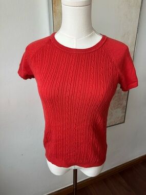 Red/ Salmon Cable Knit Short Sleeve Sweater Size Extra Small Cozy Winter